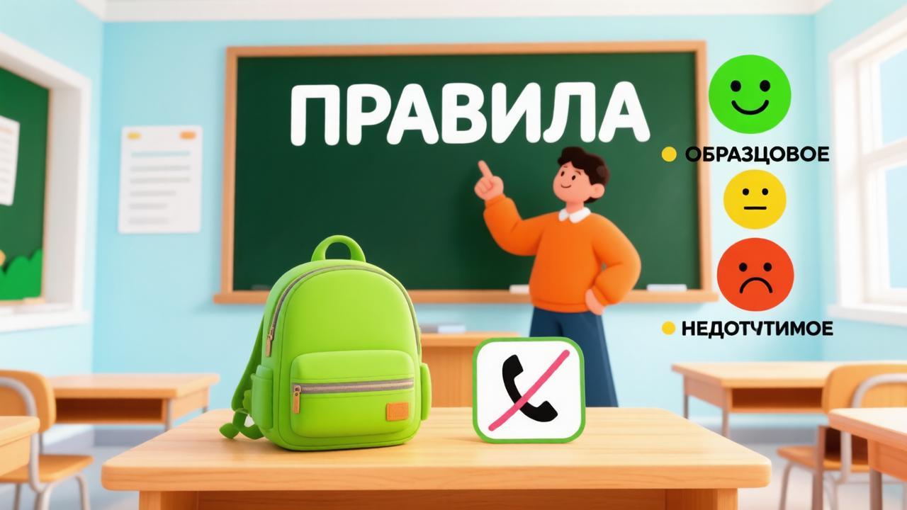 Школьный класс с учителем, запретом телефона и оценками за поведение на доске — иллюстрация к школьным изменениям с 1 сентября